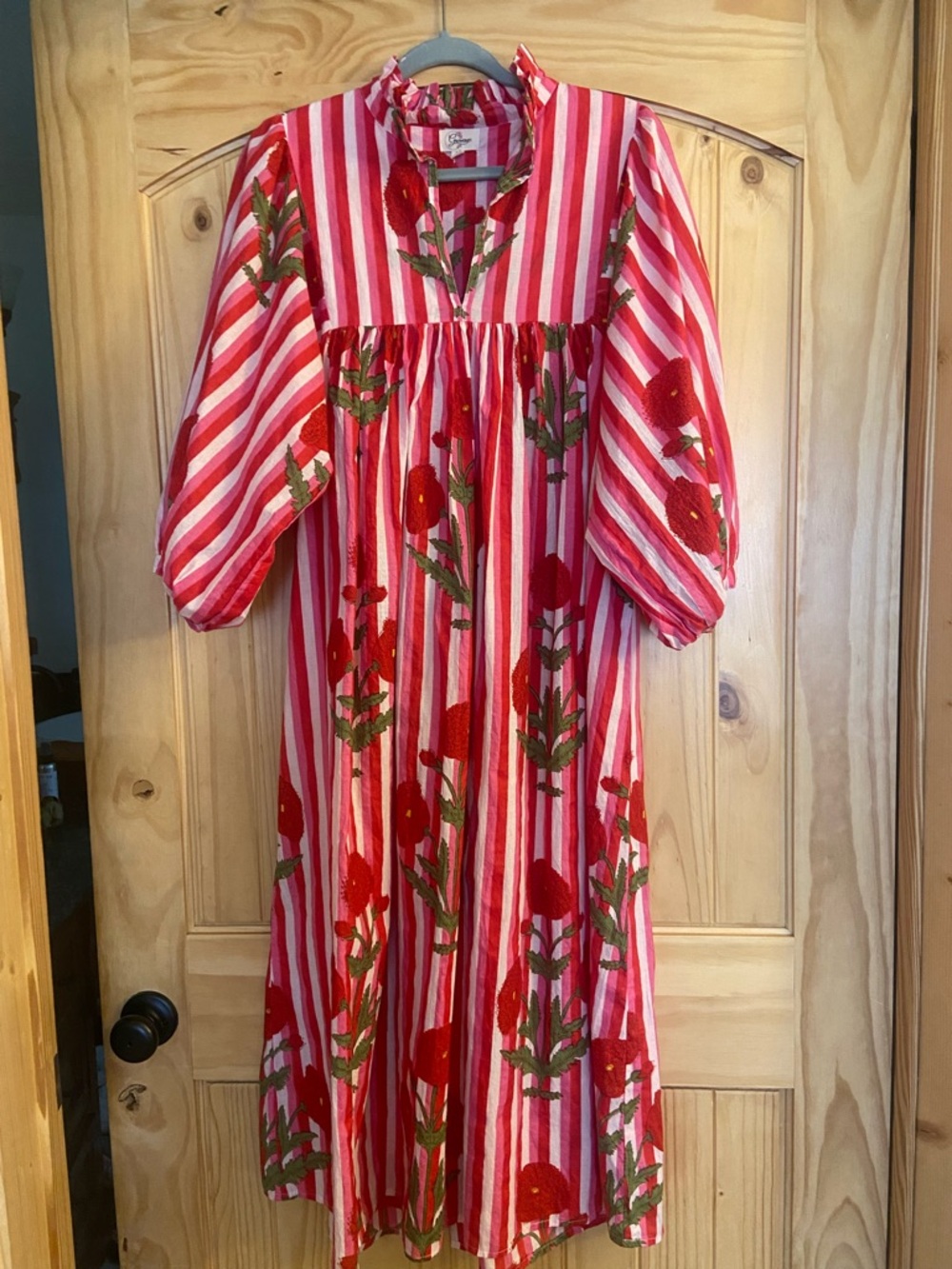 Floral Summer Cotton Maxi Dress size small bright pink red flower spring